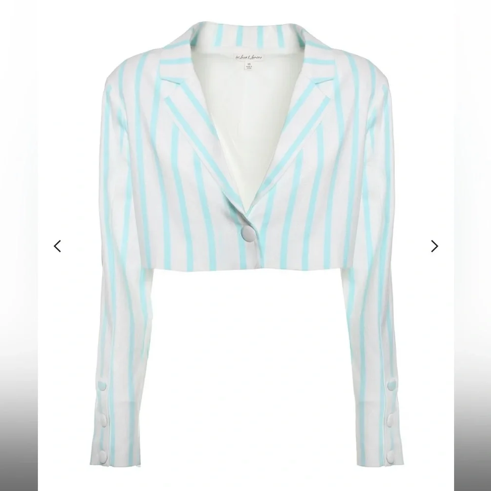 NWOT For Love and Lemons Aqua White Striped Cropped Linen Blazer Jacket Small - Picture 7 of 9